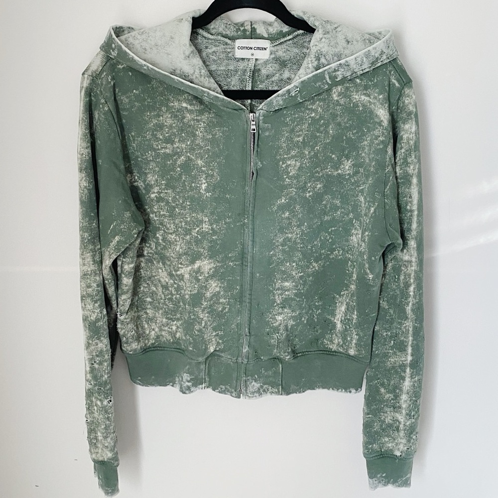 Cotton Citizen Green Distressed Crop Zip Up Sweatshirt Hoodie Medium M REVOLVE